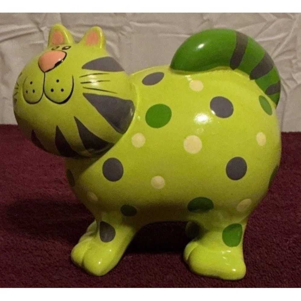 Unbranded Lime Green And Purple Ceramic Cat Piggy Bank With Plug